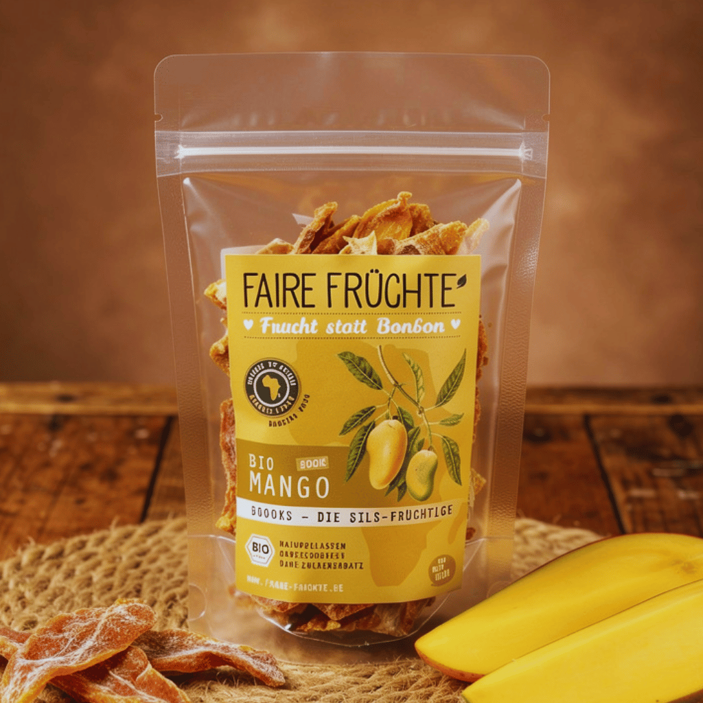 Bio Mangostreifen Brooks 500g Packung - süß-saure getrocknete Mango aus Burkina Faso mit braune m hintergrund
