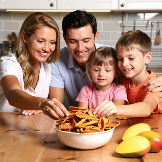 Familie isst Mangostreifen