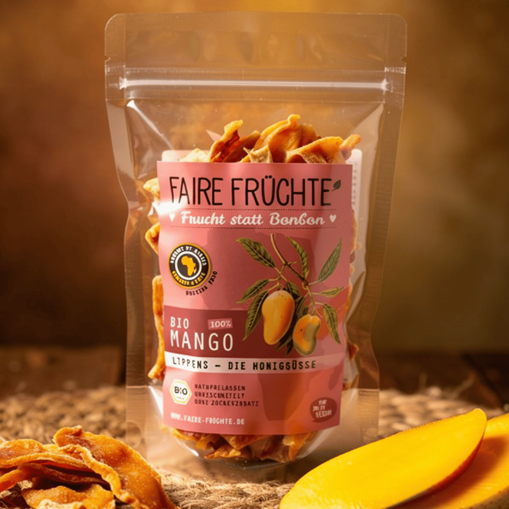 Bio Mangostreifen Lippens 500g Packung - honigsüße getrocknete Mango aus Burkina Faso mood in braunem hintergrund