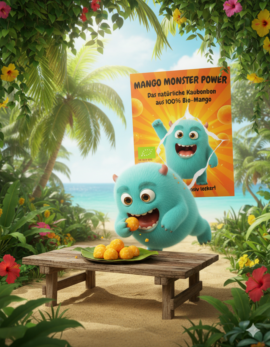 Munchie isst Mangobällchen am Strand