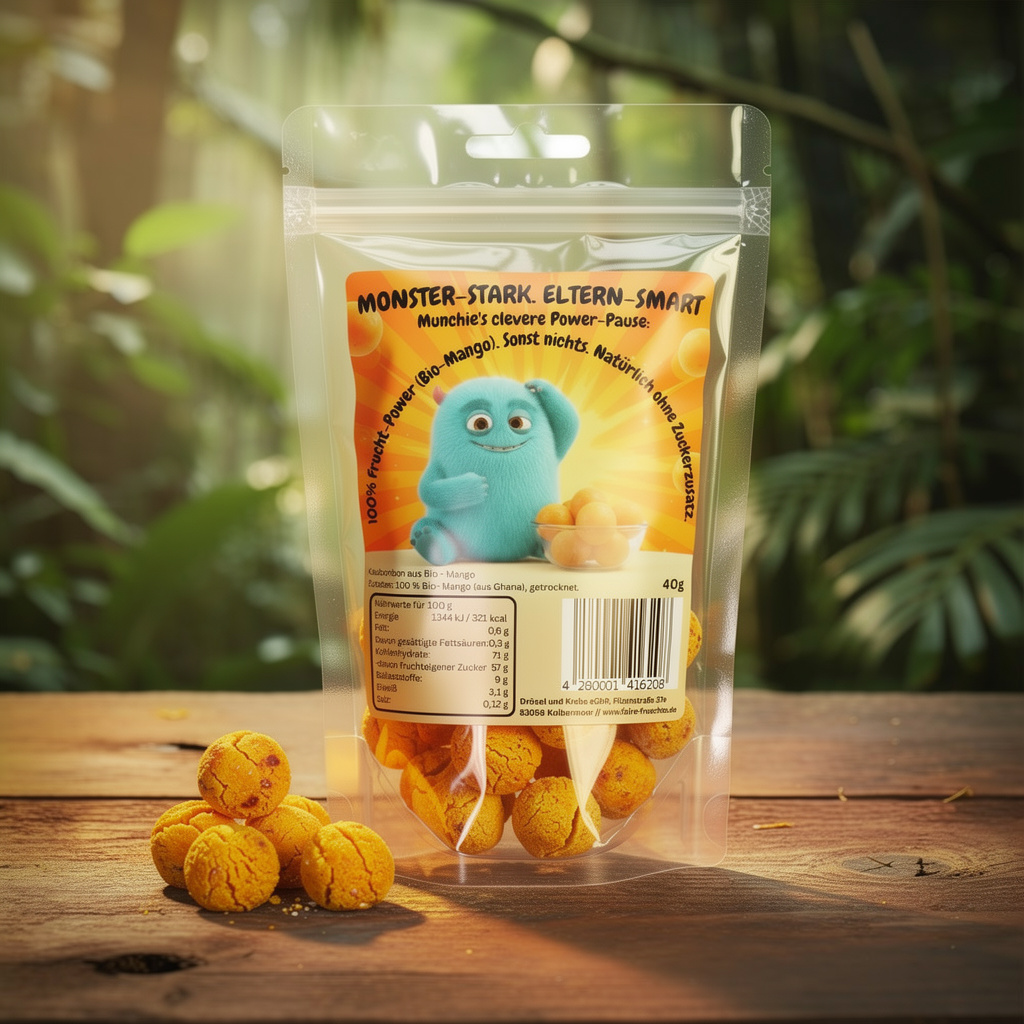 Munchie Bio-Mango Kaubonbons 40g im Zipbeutel Dschungel Rückseite